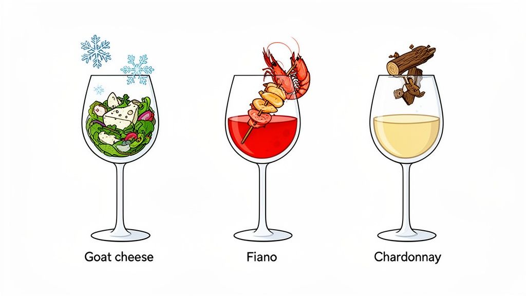 Three illustrated wine glasses show pairings for goat cheese, Fiano with seafood, and oak-aged Chardonnay.