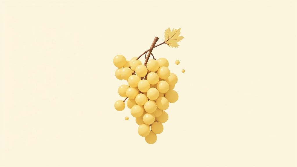 Golden white grapes hanging on vine branch with leaf on beige background
