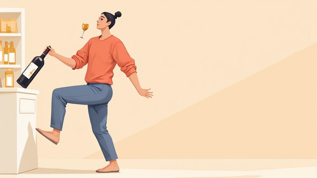 Joyful person holding wine bottle and glass in playful pose near wine shelf