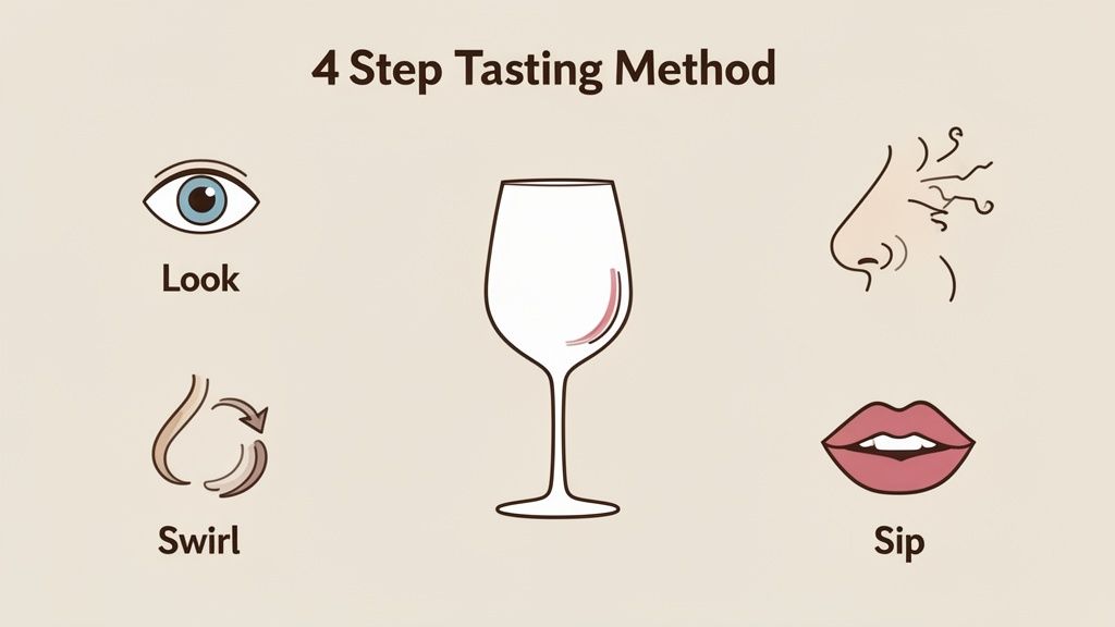 An illustration of the 4-step wine tasting method: Look, Smell, Swirl, and Sip.