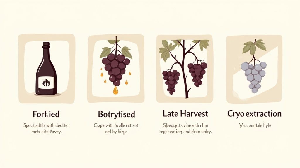 Four illustrated panels depicting methods of making dessert wines: fortified, botrytised, late harvest, and cryo extraction.
