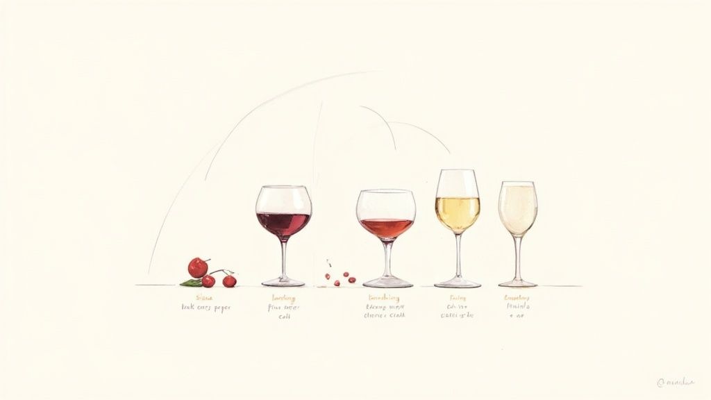 A close-up shot of a glass of red wine and a glass of white wine side-by-side, showcasing their different colours and textures.