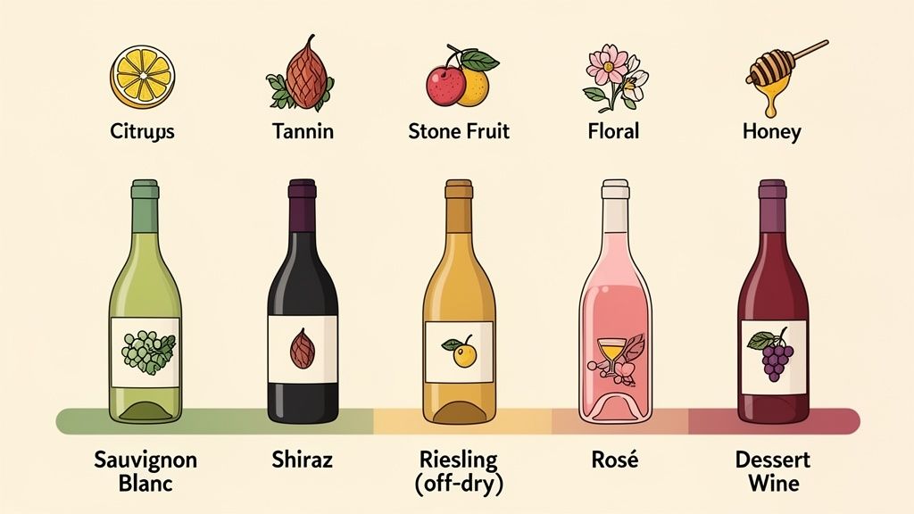 An infographic illustrating five wine types: Sauvignon Blanc, Shiraz, Riesling, Rosé, and Dessert Wine, with their associated flavor profiles.