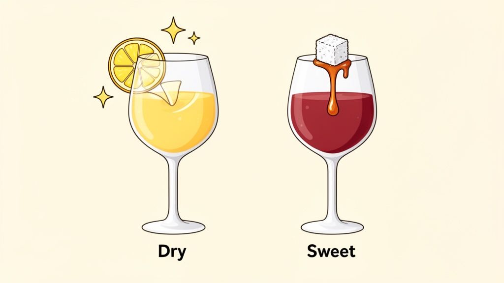 Cartoon image showing a dry yellow wine with a lemon slice and a sweet red wine with a melting sugar cube.