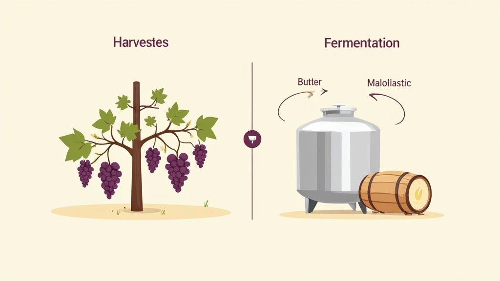 Illustration of winemaking process showing grape harvest, followed by fermentation in steel tanks and wooden barrels.