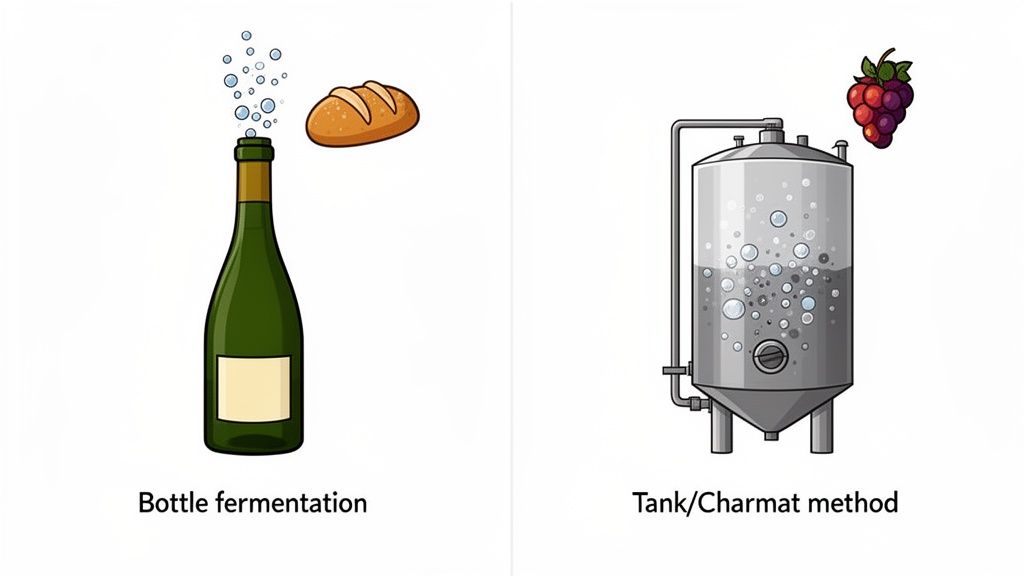 Illustration comparing two sparkling wine production methods: bottle fermentation with bread and tank/Charmat method with grapes.