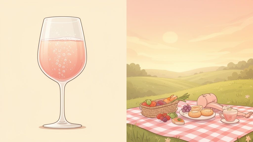 A glass of sparkling rosé wine next to a serene outdoor picnic scene at sunset.
