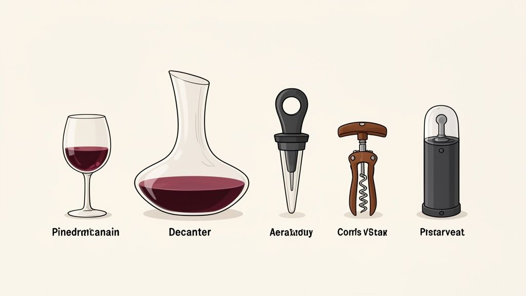 A collection of five wine accessories including a glass, decanter, aerator, corkscrew, and preserver.