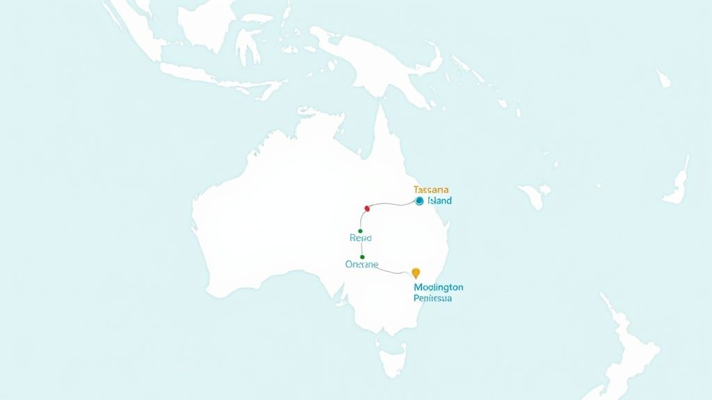 Lush green vineyards in an Australian wine region under a clear sky.