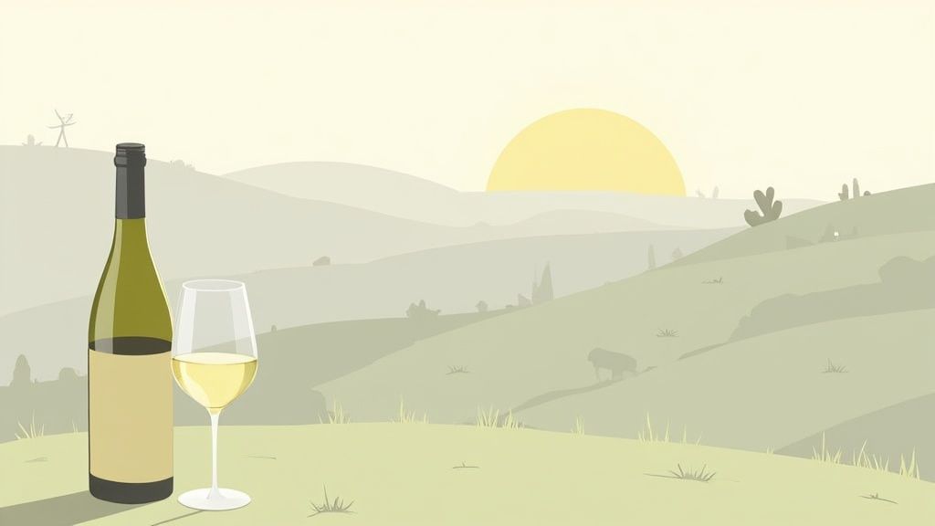 A single glass of South Australian Riesling held up against a vineyard backdrop, highlighting its pale straw colour.