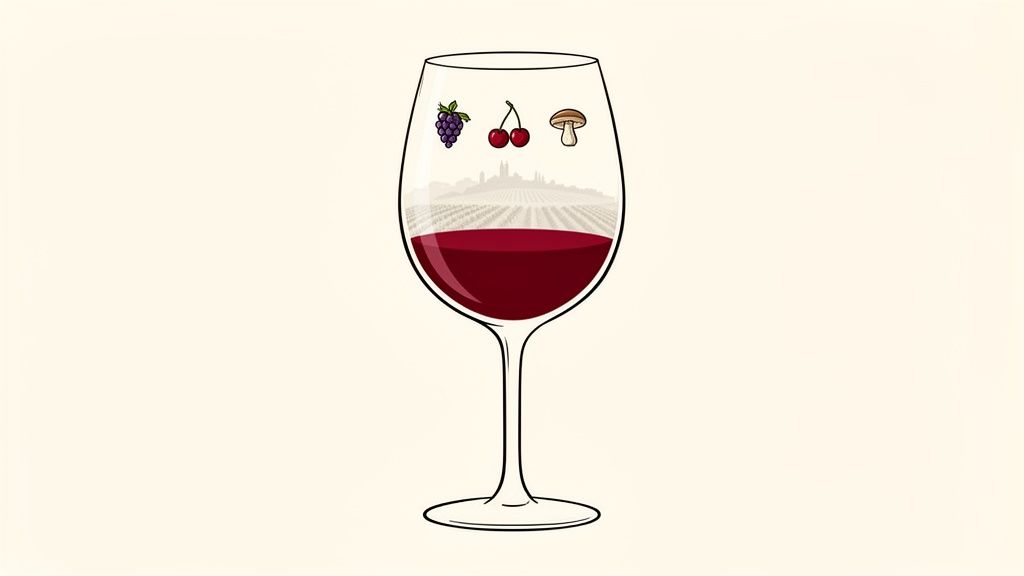 A red wine glass with grapes, cherries, and mushroom representing flavor notes, above a vineyard landscape.