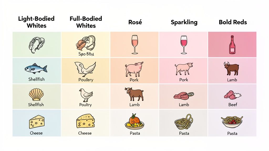 A comprehensive chart detailing wine and food pairing suggestions across different wine categories.