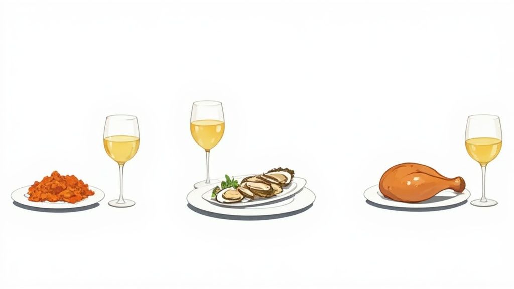 A beautifully arranged dinner table with glasses of white wine and various food dishes.