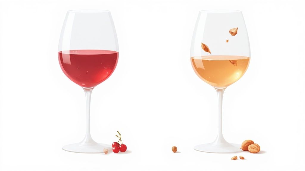 A glass of ruby port next to a glass of tawny port, showing the colour difference