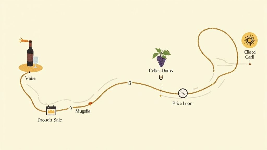 A group of friends laughing and tasting wine at a rustic wooden table in a rustic wooden table in a McLaren Vale cellar door