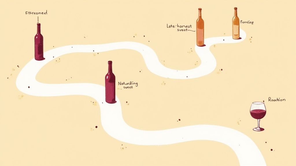 Glass of sweet red wine poured next to grapes and a bottle on a wooden table.