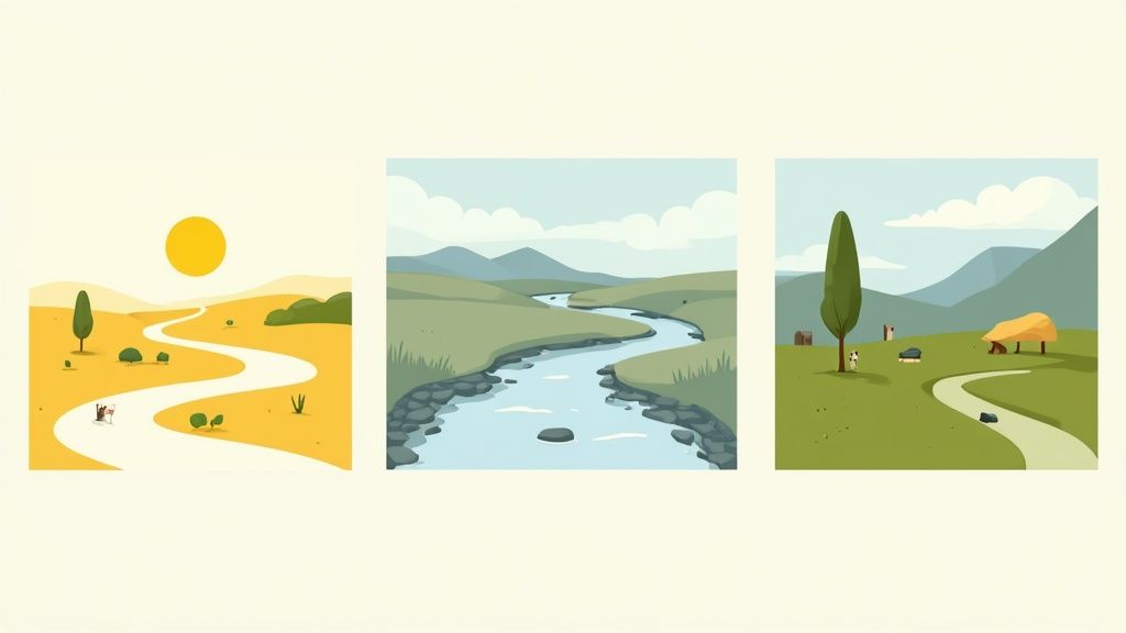 Three cartoon landscape illustrations: a sunny desert road, a winding river valley, and a green field with a tree.