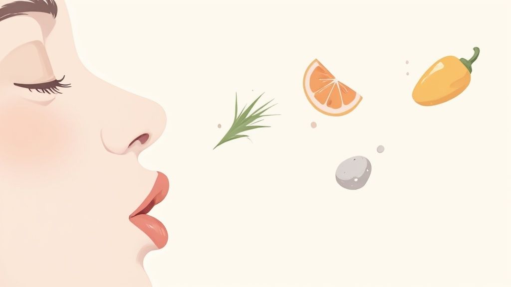 A person's profile, eyes closed, deeply smelling an orange, chili, herb, and mushroom.