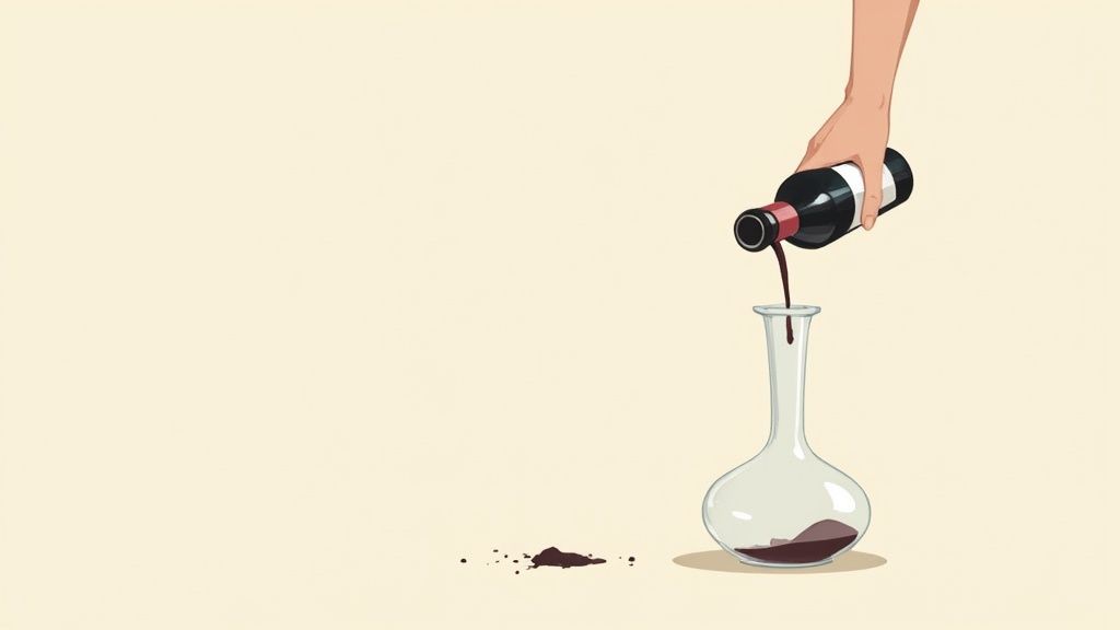 A close-up shot of a bottle of vintage port being carefully decanted into a crystal decanter, with a candle flame visible behind the bottle's neck to illuminate the sediment.