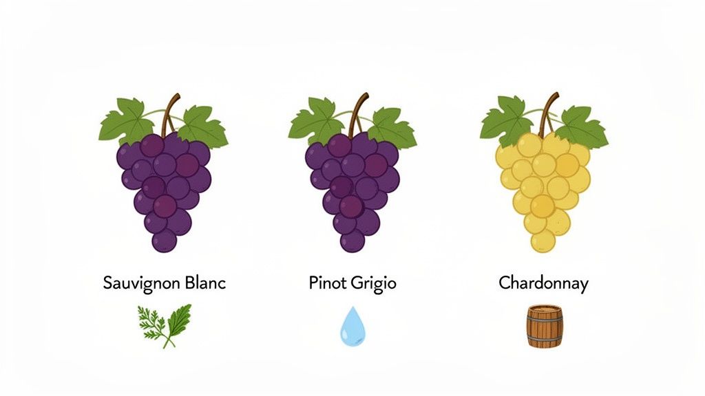 Illustration showing three types of wine grapes: Sauvignon Blanc, Pinot Grigio, and Chardonnay, with related icons.