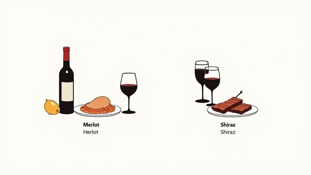 Illustration comparing Merlot wine with chicken and a yellow fruit, versus Shiraz wine with grilled ribs.