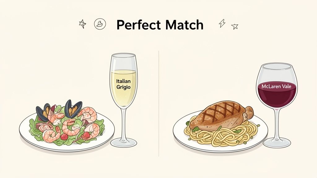 Perfect food and wine pairings: seafood salad with Italian Grigio, and grilled chicken pasta with McLaren Vale red wine.