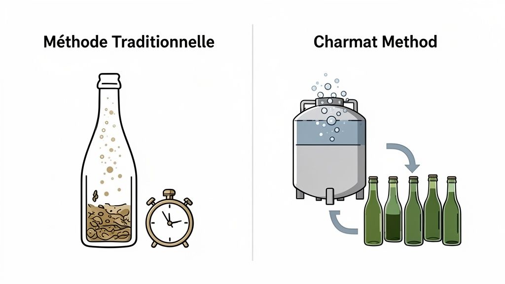 Comparison of traditional and Charmat methods for sparkling wine production, illustrating their distinct processes.