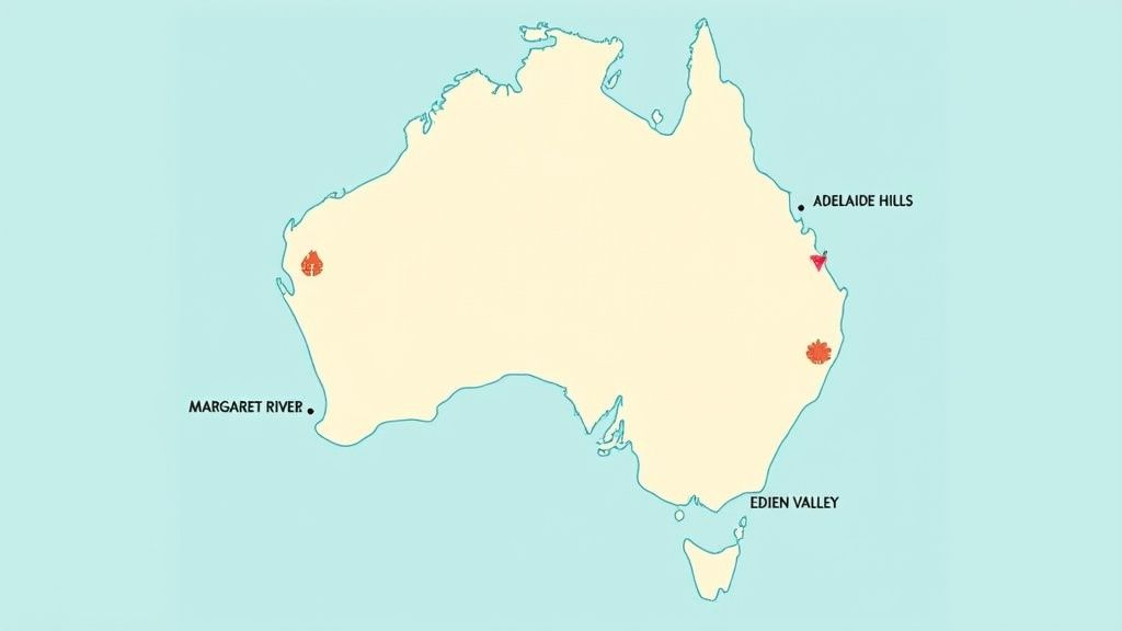 A panoramic view of a lush green vineyard in an Australian wine region