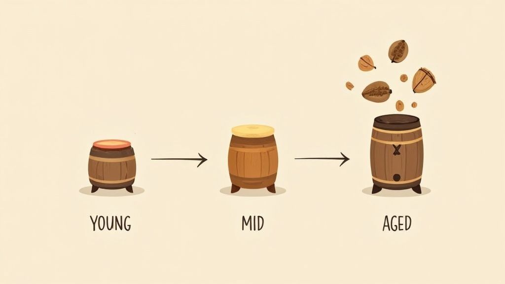 Three animated barrels depict stages of aging: young, mid, and aged, with floating elements above the last.