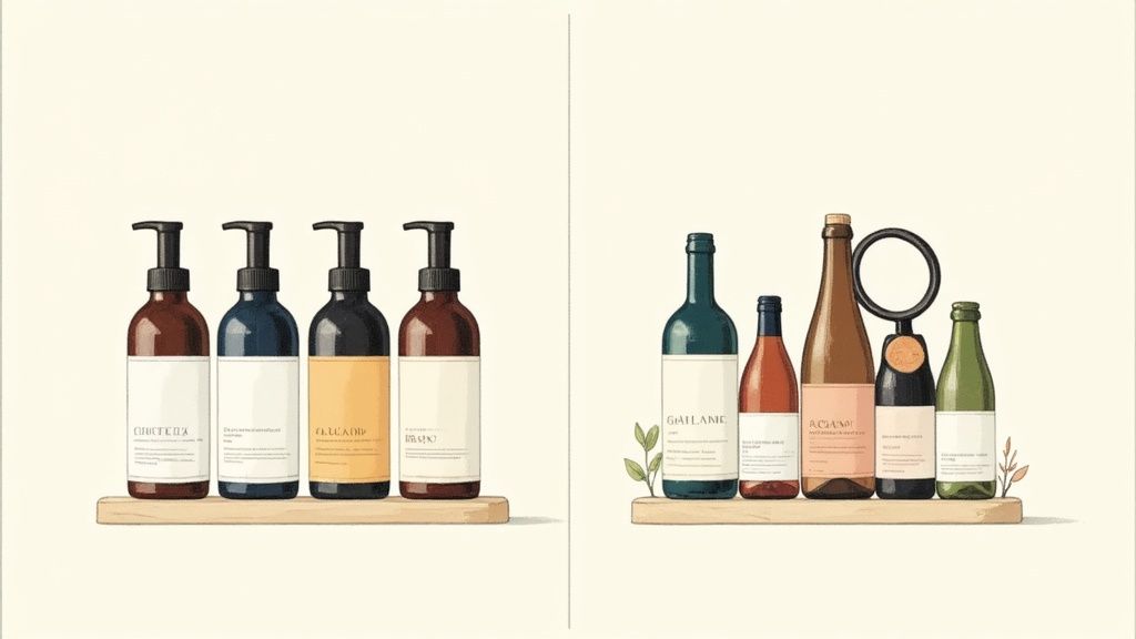 Assortment of modern soap dispenser bottles and wine bottles with a corkscrew on wooden shelves.