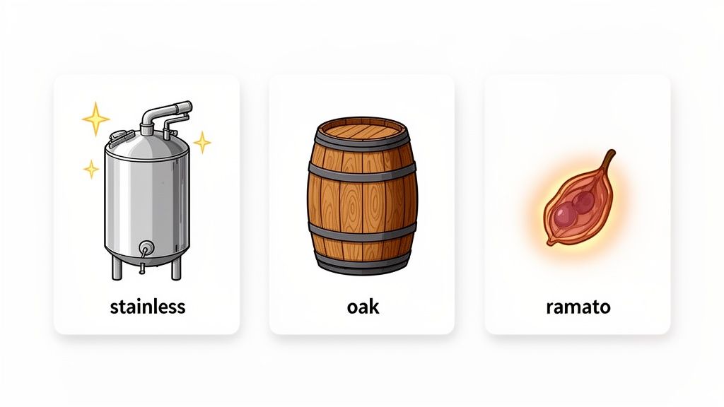 Three cards illustrating winemaking elements: a stainless steel tank, an oak barrel, and a ramato grape.