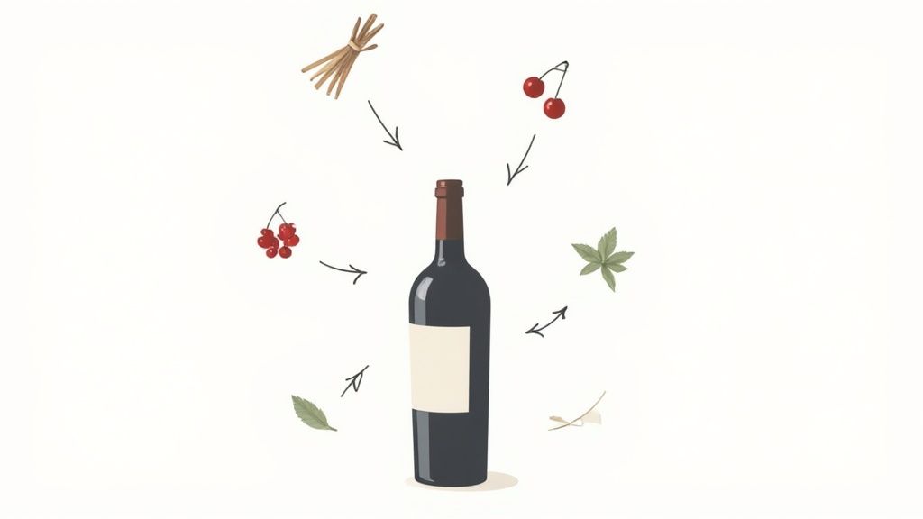 Several glasses of Cabernet Sauvignon showing different shades of red, with wine bottles and oak barrels in a rustic cellar setting.