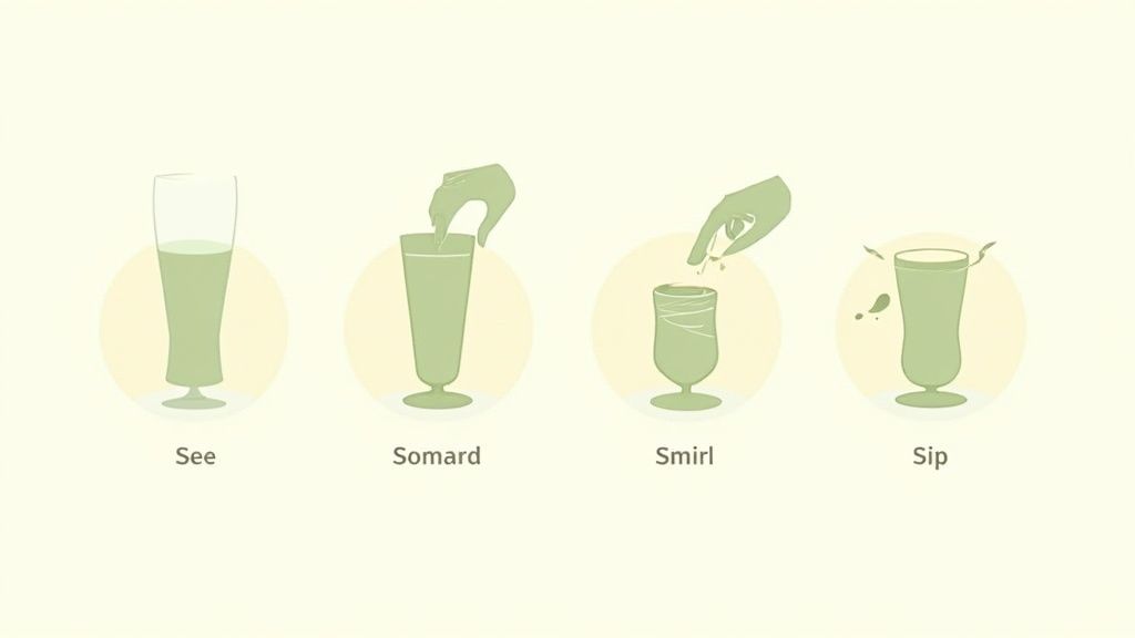 Four illustrations showing steps: seeing, dipping, stirring, and sipping green liquid in glasses.
