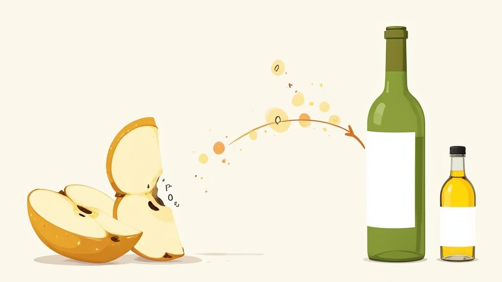 Sliced apples transform into a large green bottle of cider and a small amber bottle of vinegar.