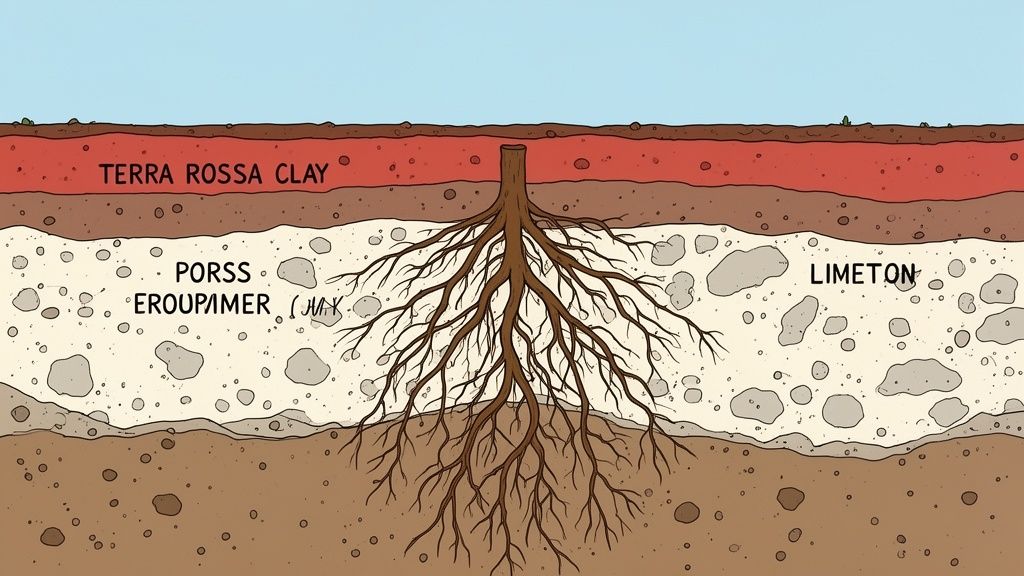 Diagram illustrating soil profile with Terra Rossa Clay, porous limestone, and deep tree roots.