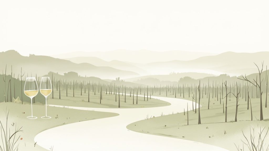 Vineyard in Yarra Valley with misty hills in the background