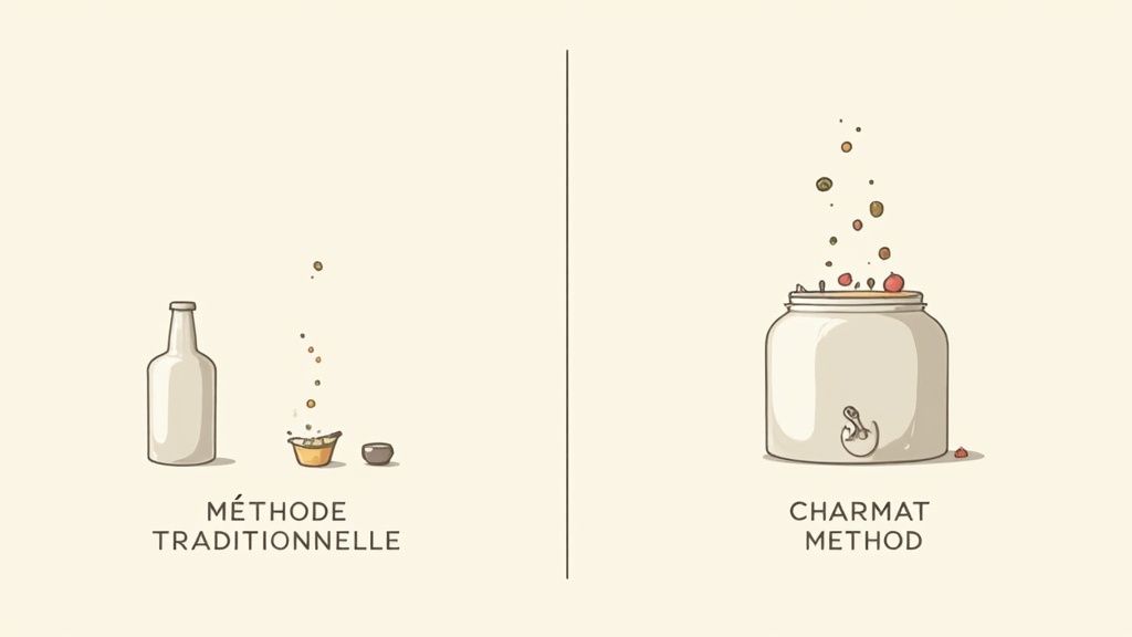 Traditional wine making method with bottle and cup versus modern Charmat method with large fermentation tank