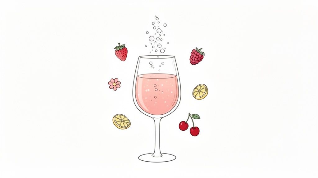 A delightful illustration of pink sparkling wine with bubbles, surrounded by fresh fruits like strawberries, raspberries, lemons, cherries, and a small flower.