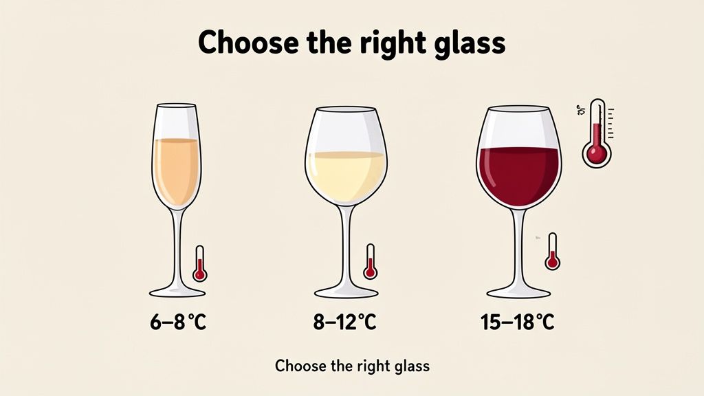 Illustration of three wine glasses with ideal serving temperatures for sparkling, white, and red wine.
