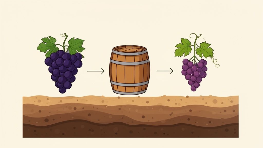 Illustration depicting dark grapes, a wooden barrel, and lighter grapes, representing the wine-making process.