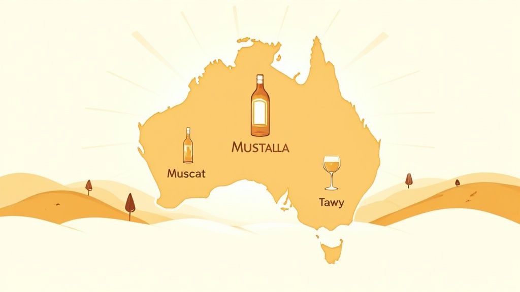 An artistic map of Australia showcasing different dessert wine varieties including Muscat, Mustalla, and Tawny.
