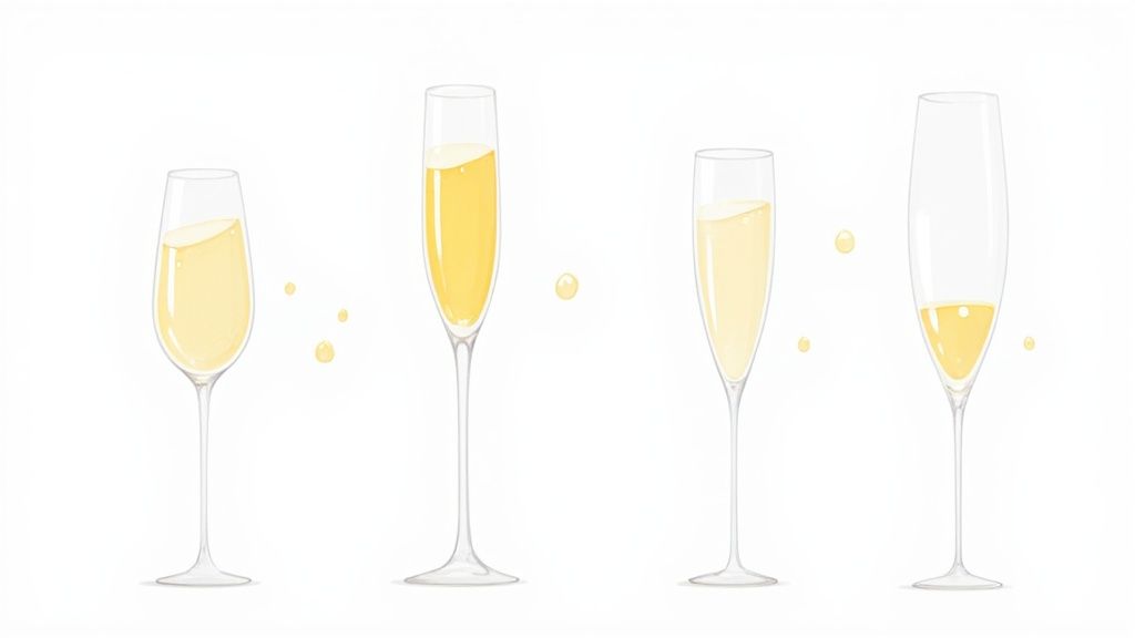 A close-up of a champagne flute being filled, showing the bubbles.