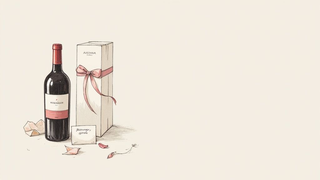 An elegant illustration of a red wine bottle next to a tall gift box tied with a pink ribbon, with a handwritten note.