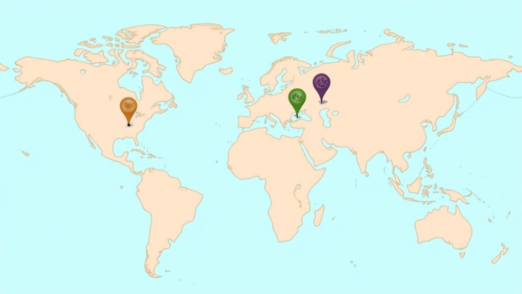 World map with three colored location pins indicating points in North America, Europe, and Asia.