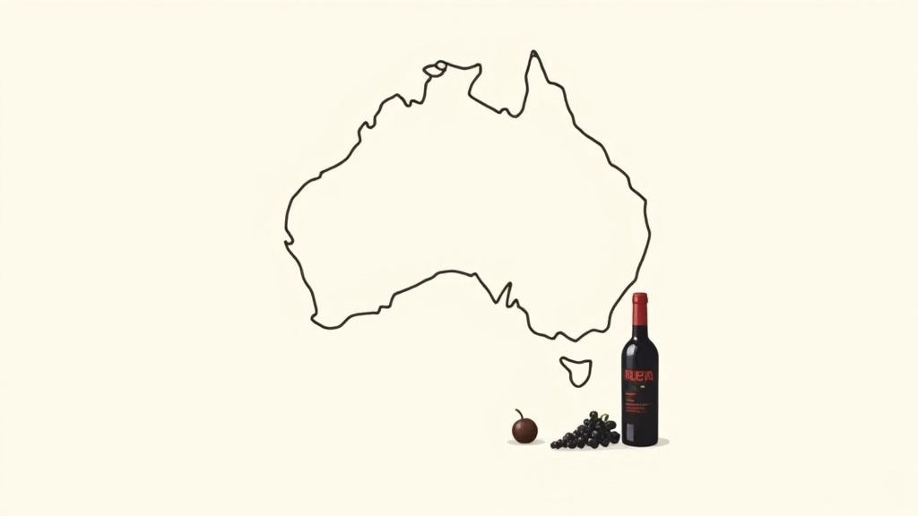 A glass of deep red Shiraz wine held up to the light in an Australian vineyard.