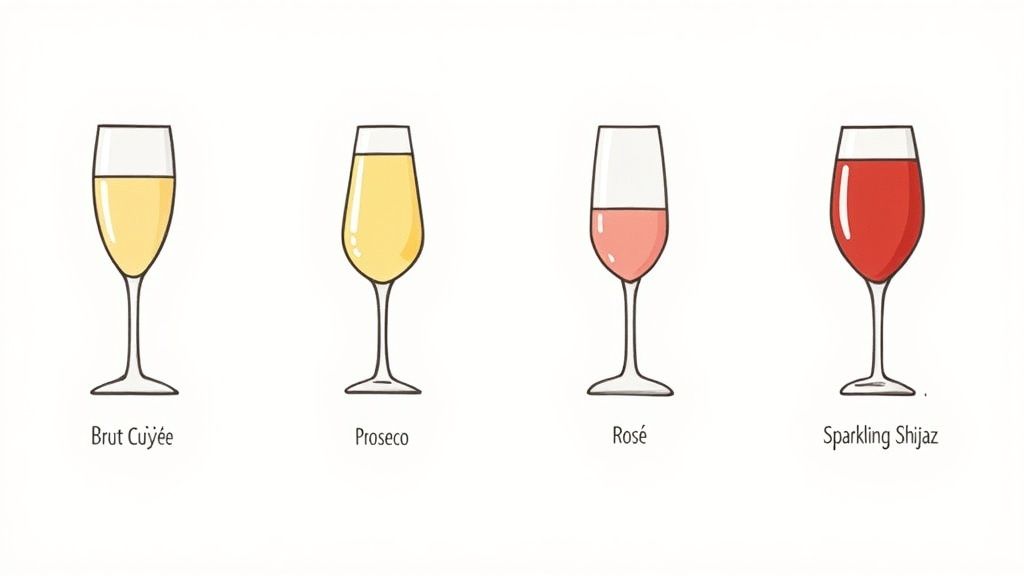 A curated lineup of different sparkling wine bottles, showcasing various styles and colours.