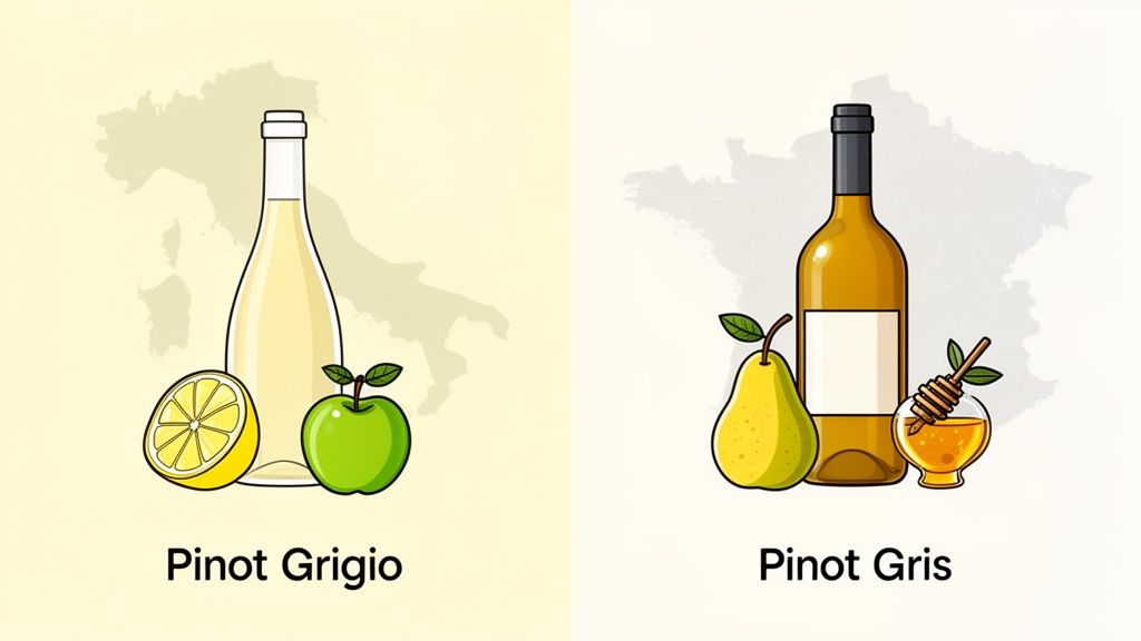 Side-by-side comparison of Pinot Grigio (Italy, lemon, apple) and Pinot Gris (France, pear, honey) wine characteristics.