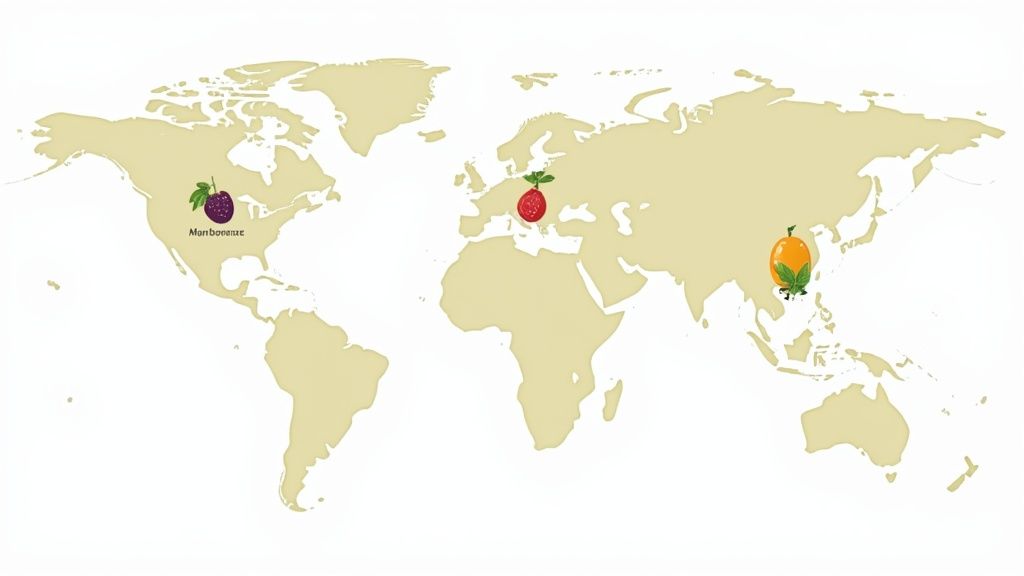 World map showing origins of sauvignon blanc from Narbonne, Europe, and Southeast Asia regions