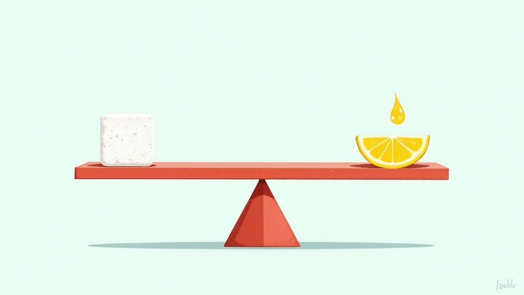 A balanced seesaw with a white cube on the left and a lemon slice with a juice drop on the right.