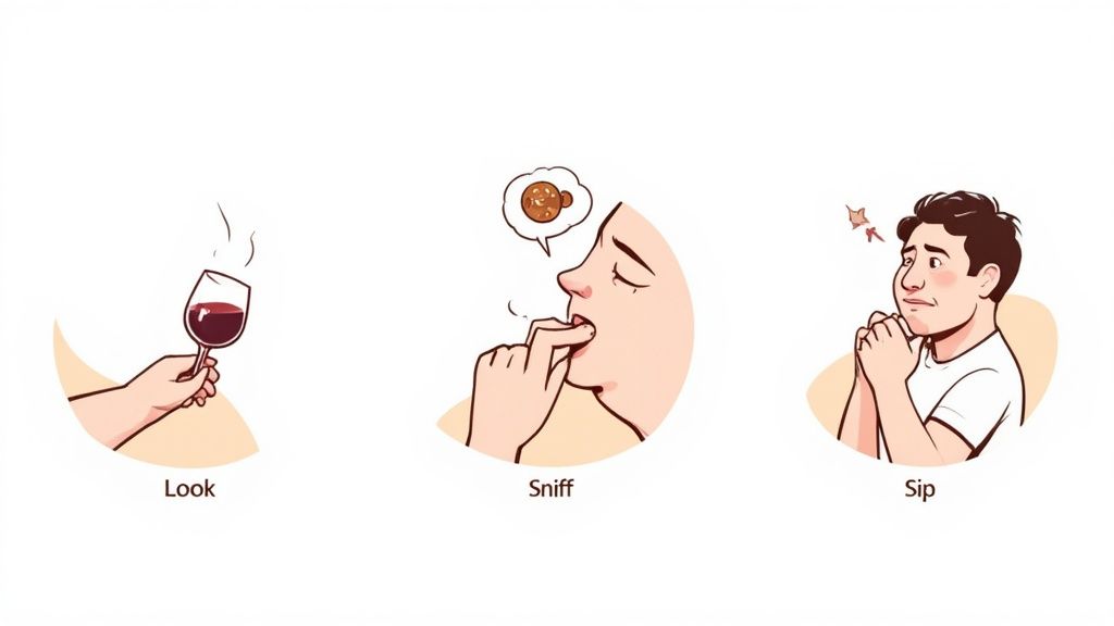 Three illustrations depicting steps to identify spoiled wine: looking at the wine, sniffing for faults, and tasting with a disgusted reaction.